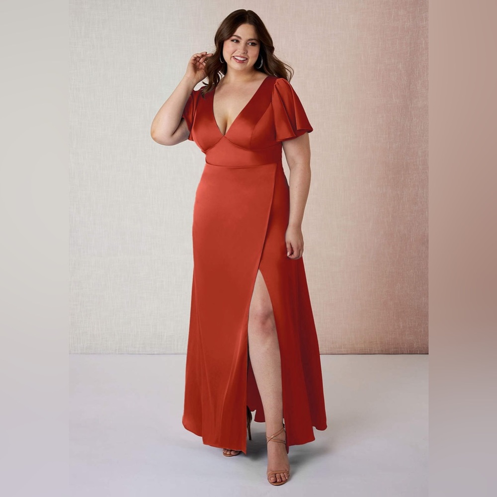 AZAZIE LANI
A-Line Flounce Sleeve Stretch Satin Floor-Length Dress Rust
